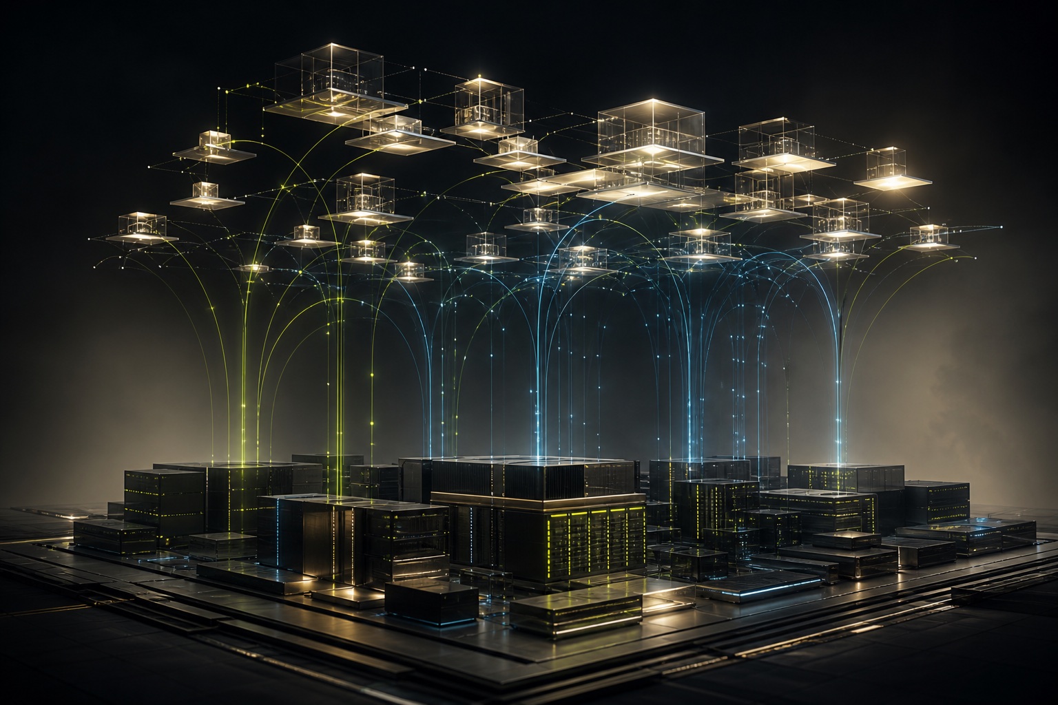 Abstract financial infrastructure nodes migrating into a distributed cloud canopy